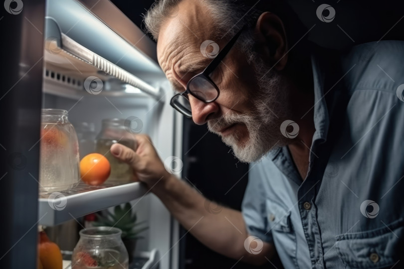 Скачать Мужчина средних лет сидит возле открытого холодильника фотосток Ozero