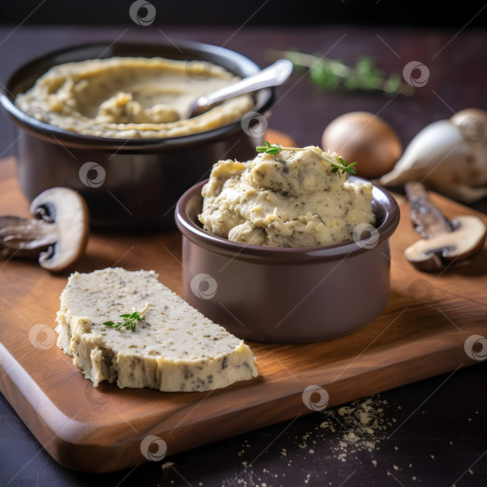 Скачать Грибное масло для французских тостов, брускеттас, стейков, сдобной доски, бургеров, соуса крупным планом. Сливочное вкусное грибное масло с тертым шампиньоном в керамической миске на деревянной разделочной доске. Искусственный интеллект фотосток Ozero