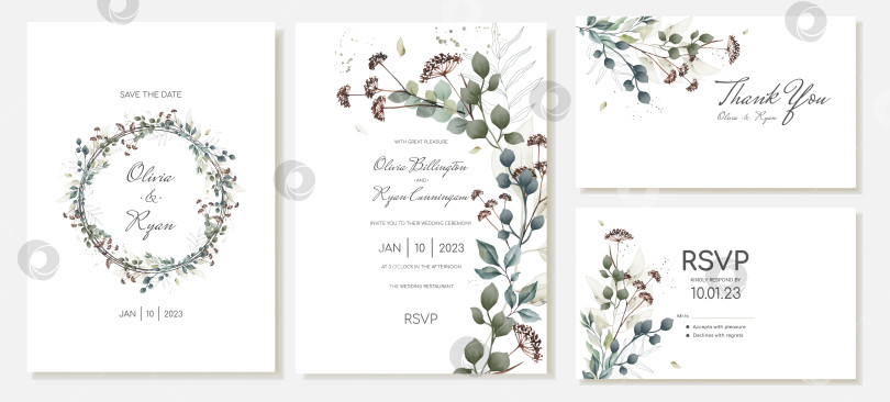 Скачать Элегантный набор свадебных приглашений в деревенском стиле и благодарственных открыток с растениями, листьями и сухоцветами. Векторный шаблон фотосток Ozero