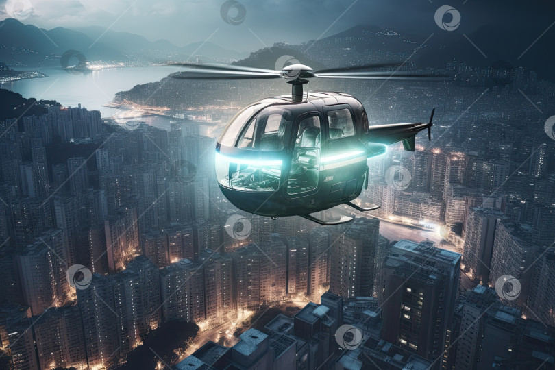 Скачать Футуристическое современное беспилотное воздушное такси летает в современном городе. Генеративный искусственный интеллект. фотосток Ozero