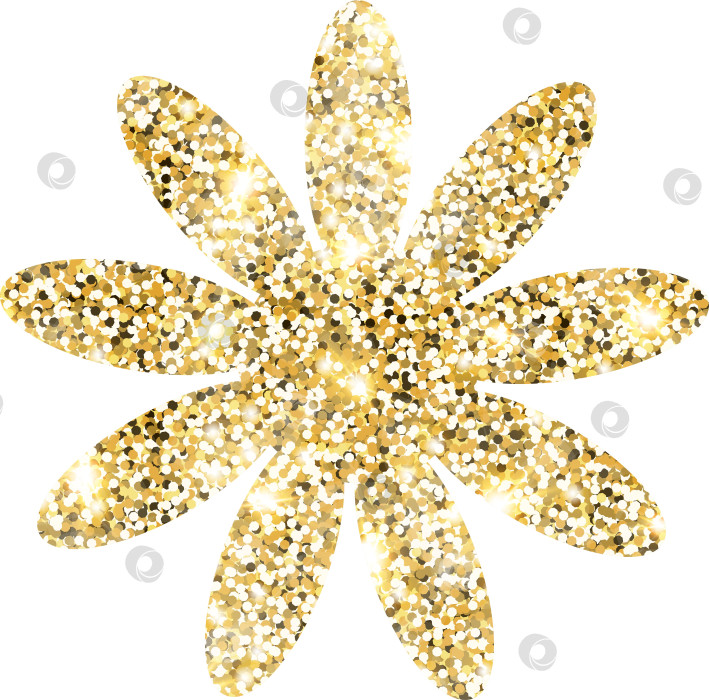 Скачать Элемент дизайна в форме цветка с блестящим золотым блеском. Ромашка золотистого цвета с текстурой пыли для праздничного оформления, флаера, плаката, поздравительной открытки, фона, обоев. Блестящая краска образует иллюстрацию ко дню рождения. фотосток Ozero
