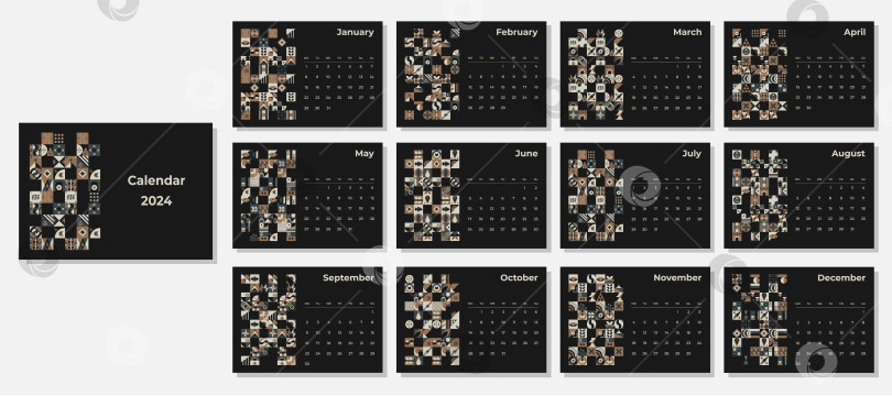 Скачать Календарь на 2024 год с геометрическими узорами. Шаблон ежемесячного календаря на 2024 год с геометрическими фигурами. фотосток Ozero