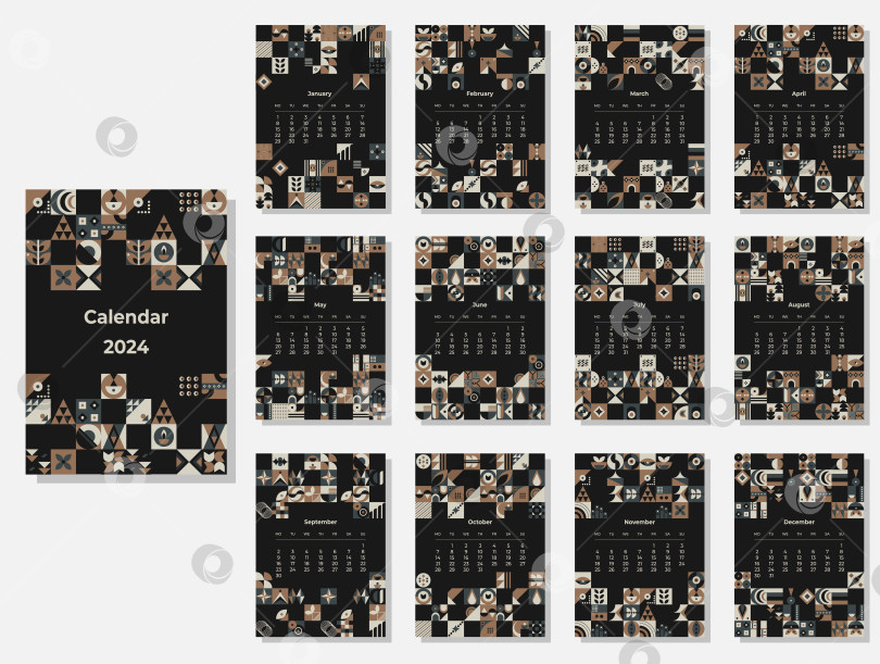 Скачать Календарь на 2024 год с геометрическими узорами. Шаблон ежемесячного календаря на 2024 год с геометрическими фигурами. фотосток Ozero