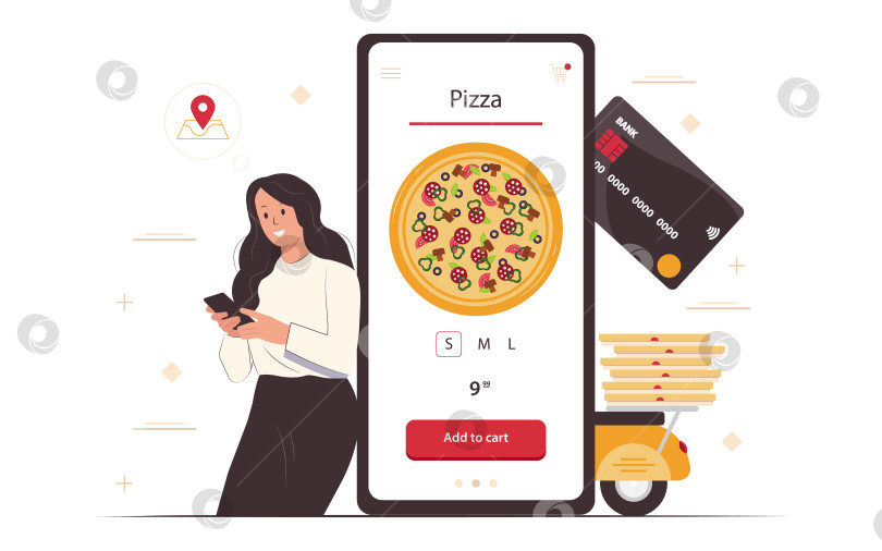 Скачать Заказывайте еду онлайн со смартфона. Доставка пиццы.Девушка заказывает пиццу онлайн и расплачивается картой. Концепция доставки еды для баннера, дизайна веб-сайта или целевой веб-страницы. фотосток Ozero
