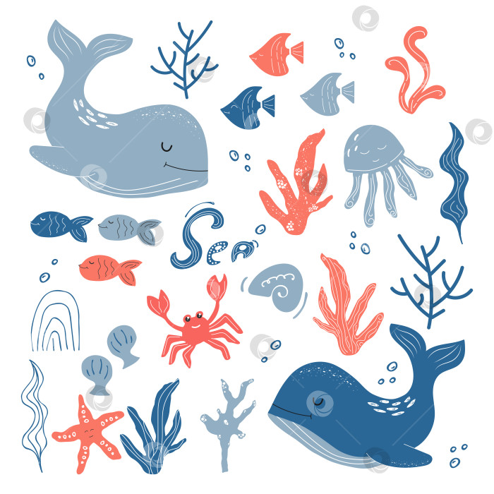 Скачать Красочный морской набор в модных цветах с морскими обитателями, китами, водорослями, морскими звездами и так далее фотосток Ozero