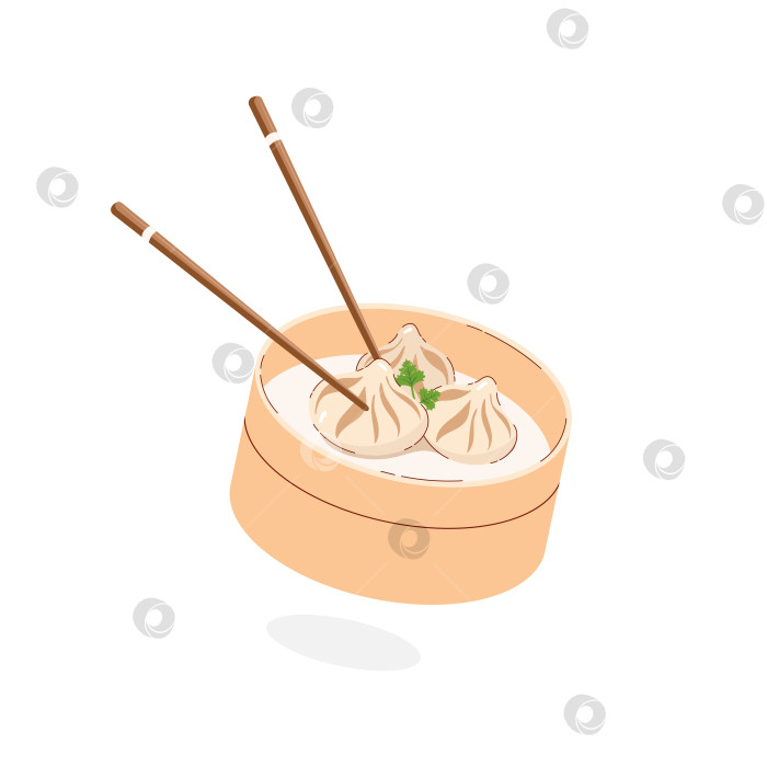 Скачать Азиатская кухня, Сяо лонг бао, китайские булочки на пару в бамбуковой корзинке на белом фоне. Векторная иллюстрация фотосток Ozero