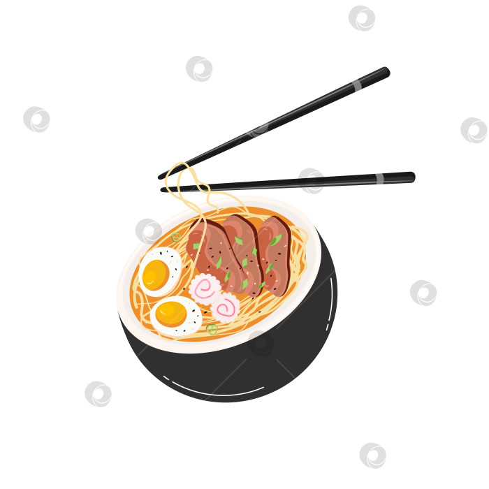 Скачать Японское блюдо рамэн с лапшой, яйцом и говядиной на белом фоне. Азиатская кухня. Вектор фотосток Ozero
