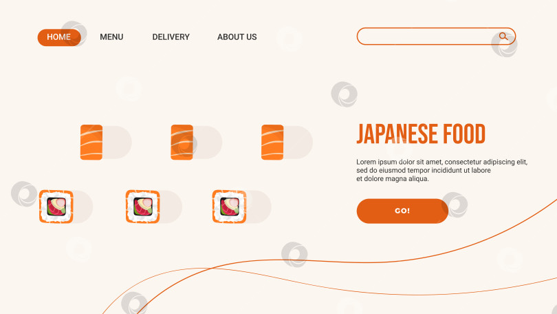Скачать Веб-страница, целевая страница для рекламных акций, распродаж, для японского ресторана с роллами, на бежевом фоне. Вектор фотосток Ozero