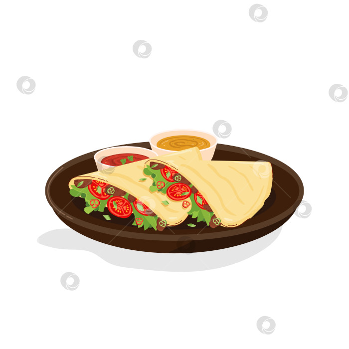 Скачать Традиционная мексиканская кесадилья на тарелке с соусами, выделенная на белом фоне. Тортилья с курицей и овощами. Вектор фотосток Ozero
