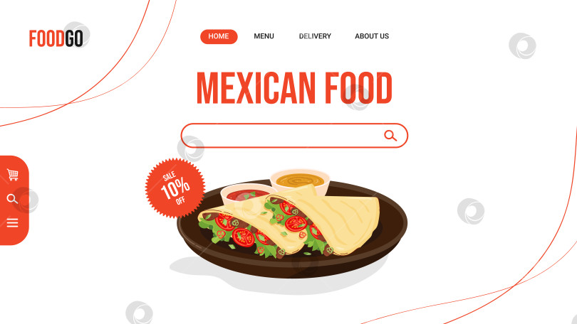 Скачать Шаблон баннера для латиноамериканского сайта доставки еды. Традиционные мексиканские кесадильи по два кусочка с соусами на тарелке. Плоская векторная иллюстрация фотосток Ozero