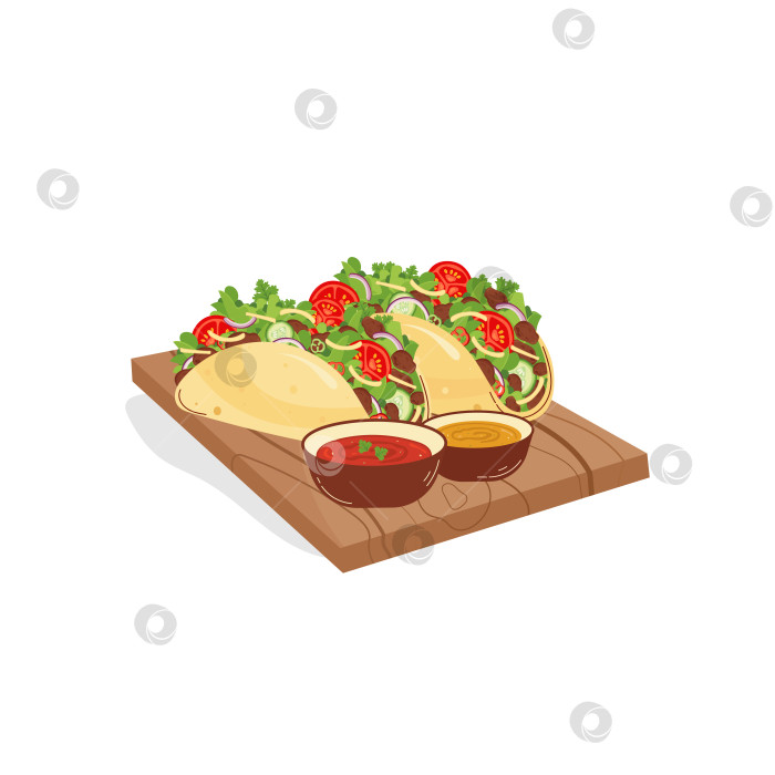 Скачать Тако на деревянной доске с соусами - мексиканское блюдо. Латиноамериканская еда на белом изолированном фоне. Векторная иллюстрация. фотосток Ozero