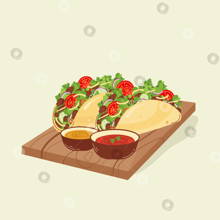 Скачать Тако на деревянной доске с соусами - мексиканское блюдо. Латиноамериканская кухня. Векторная иллюстрация. фотосток Ozero