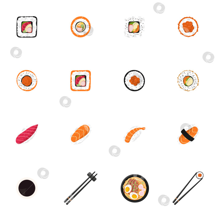 Скачать Плоские иконки японской кухни, суши и роллы, рамен, палочки на белом фоне. Для оформления приложения - веб-сайт доставки азиатской еды. Вектор фотосток Ozero