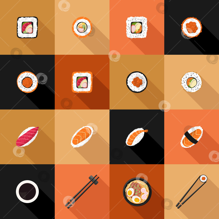 Скачать Иконки в плоском стиле японской кухни, суши и роллы, рамен, палочки. Для разработки приложения - веб-сайт доставки азиатской еды. Вектор фотосток Ozero