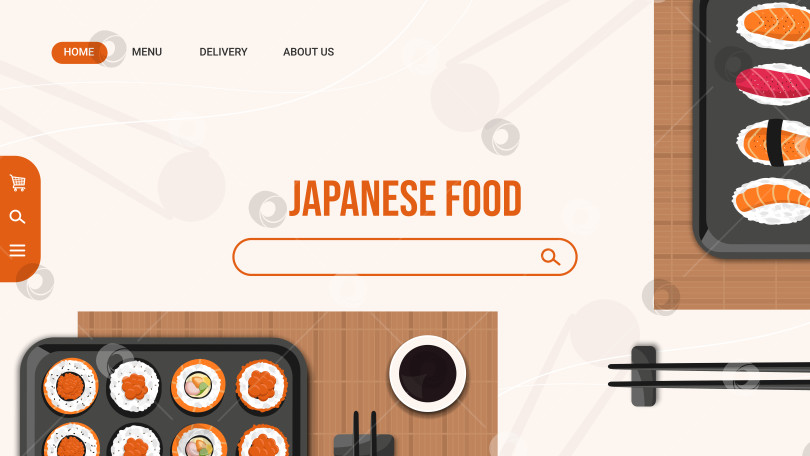 Скачать Шаблон веб-страницы ресторана японской кухни. Азиатская кухня, роллы и суши палочками для еды. Вектор фотосток Ozero
