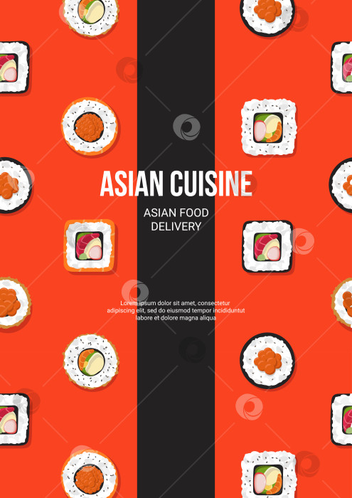 Скачать Дизайн листовки с бесшовным рисунком в рулонах. Японская азиатская кухня, меню. Векторная иллюстрация. Баннер, промо-акция, реклама. фотосток Ozero