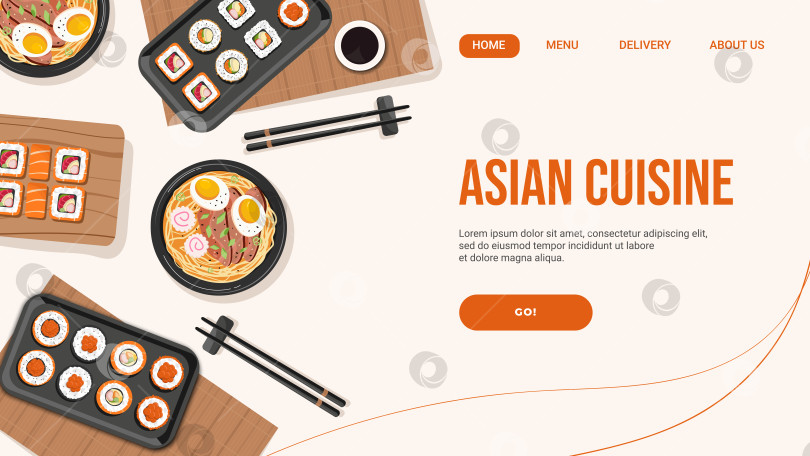 Скачать Целевая страница с азиатской кухней, роллами, суши, раменом. Концепция японского онлайн-ресторана для доставки. Вектор фотосток Ozero