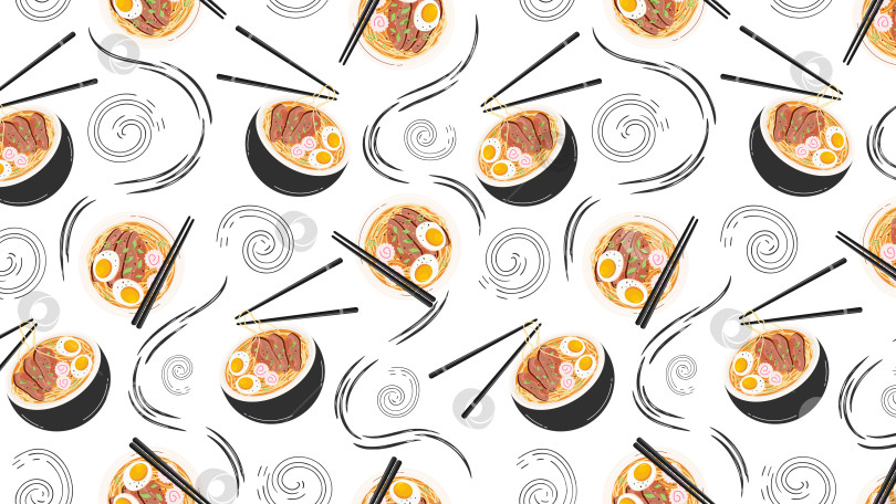 Скачать Горизонтальный фон с бесшовным рисунком японского супа рамэн. Азиатская кухня для печати на бумаге, текстиле, для баннеров и фонов. Вектор фотосток Ozero