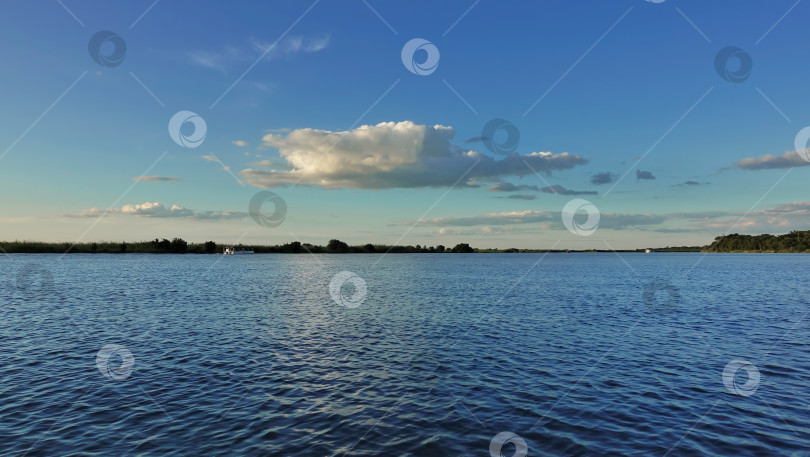 Скачать Широкая спокойная река с голубой водой. Вдалеке, на берегах, видна зеленая растительность. фотосток Ozero