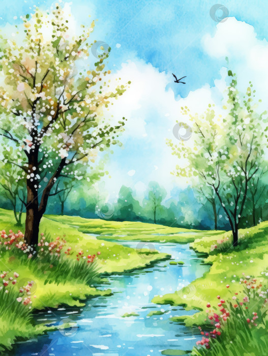 Скачать Весенний акварельный пейзаж с изображением деревьев и ручья фотосток Ozero