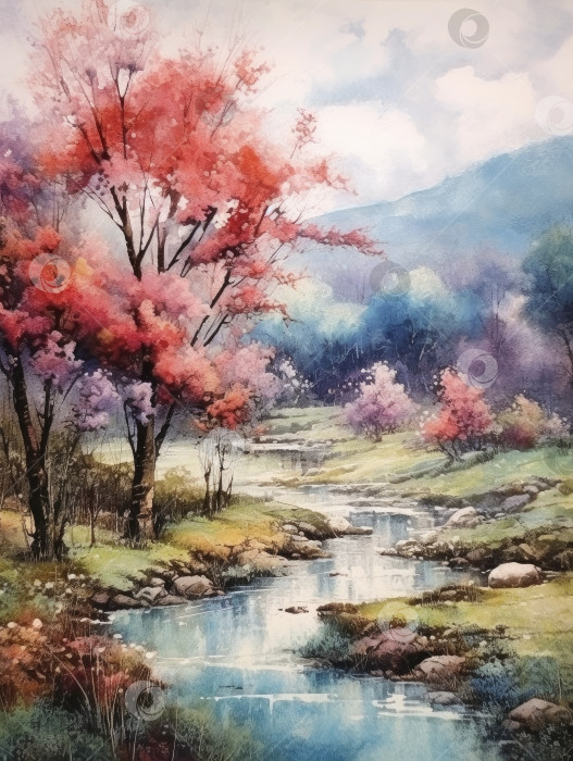 Скачать Весенний акварельный пейзаж с изображением деревьев и ручья фотосток Ozero