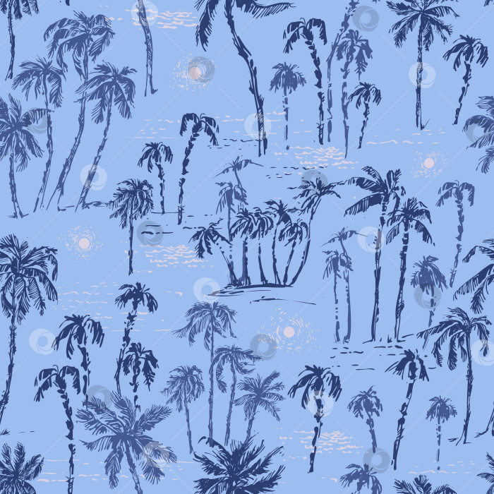 Скачать Нарисованные от руки пальмы на пляже с бесшовным рисунком в синем цвете фотосток Ozero