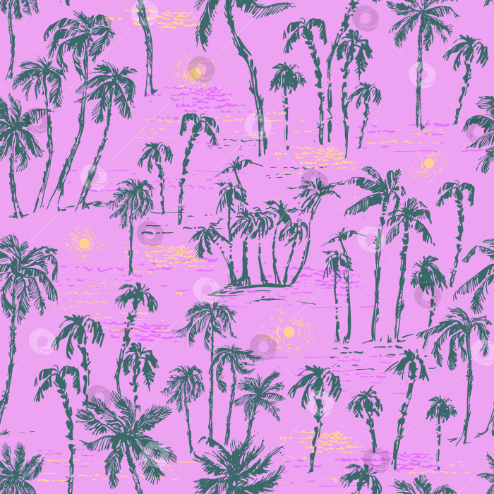 Скачать Нарисованные от руки пальмы на пляже с бесшовным рисунком в розовых и фотосток Ozero