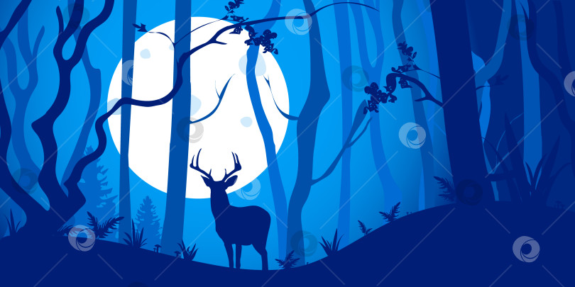 Скачать Ночной лунный пейзаж с оленем в лесу. фотосток Ozero