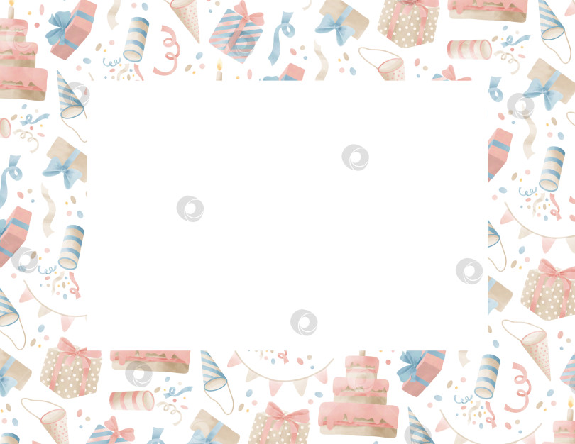 Скачать Шаблон для поздравительной открытки на день рождения. Нарисованная вручную акварельная рамка для приглашений в милых пастельных розовых и голубых тонах. Открытка с подарками, тортами и гирляндами на изолированном фоне. Пространство для текста фотосток Ozero