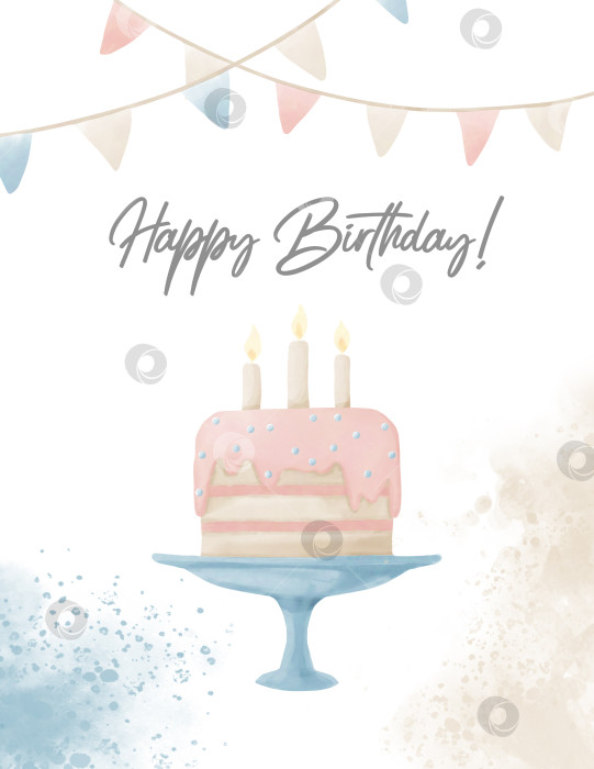 Скачать Шаблон поздравительной открытки для вечеринки с Днем рождения. Акварельная иллюстрация, нарисованная от руки, с тортом и гирляндами. Симпатичный дизайн в пастельных розовых и голубых тонах на изолированном фоне фотосток Ozero