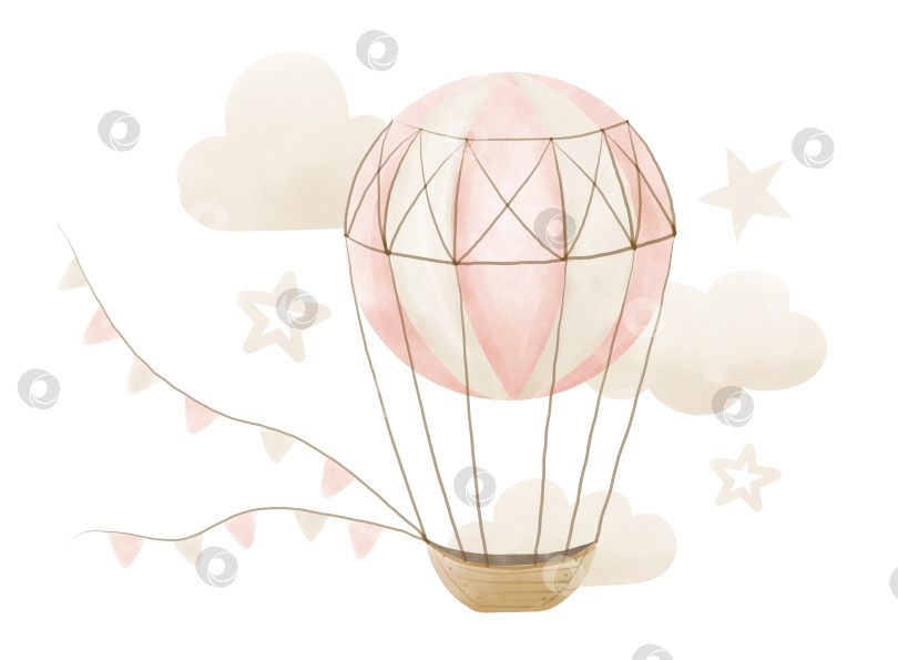 Скачать Воздушный шар с облаками и звездами. Акварельная рисованная иллюстрация с винтажным аэростатом для детского душа на изолированном фоне в пастельных розовых и бежевых тонах. Рисунок для открыток для новорожденных фотосток Ozero
