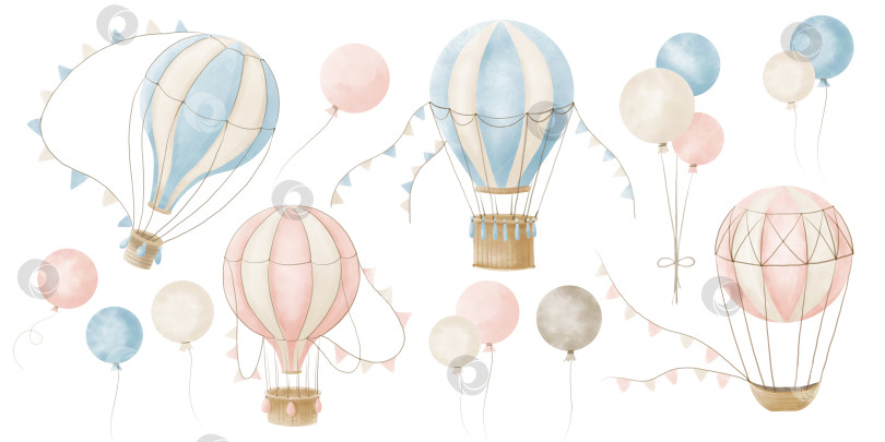 Скачать Акварельный набор из воздушных шаров. Нарисованная от руки иллюстрация с ретро-аэростатами для детского душа в пастельно-голубых и бежевых тонах. Комплект для новорожденной девочки или мальчика праздничный клипарт на изолированном фоне фотосток Ozero