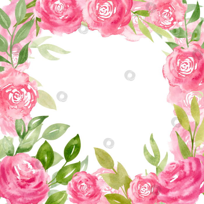 Скачать Акварельная цветочная рамка с розовыми цветами розы и зелеными листьями. Нарисованная от руки квадратная рамка. Шаблон для поздравительных открыток или свадебных приглашений на изолированном фоне. Романтический ботанический фон фотосток Ozero