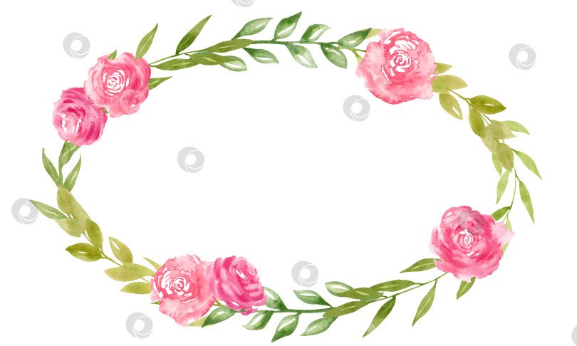 Скачать Акварельный цветочный эллиптический венок с розовыми абстрактными цветами розы и зелеными ветвями с листьями. Нарисованная от руки иллюстрация для свадебных приглашений или поздравительных открыток. Ботаническая изолированная рамка фотосток Ozero