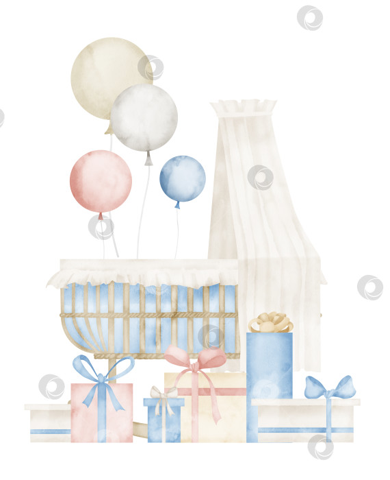 Скачать Детская колыбелька с воздушными шариками и подарками в пастельно-голубых и бежевых тонах для поздравительных открыток или приглашений в душ для новорожденных. Нарисованная от руки винтажная иллюстрация на изолированном фоне для детского дизайна фотосток Ozero