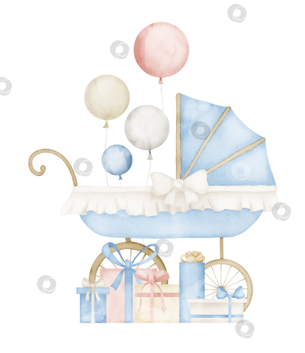 Скачать Акварельная детская коляска с воздушными шариками и подарками для детского душа. Нарисованная от руки акварельная иллюстрация винтажной коляски и подарочных коробок на изолированном фоне для приглашений на вечеринку для новорожденных фотосток Ozero