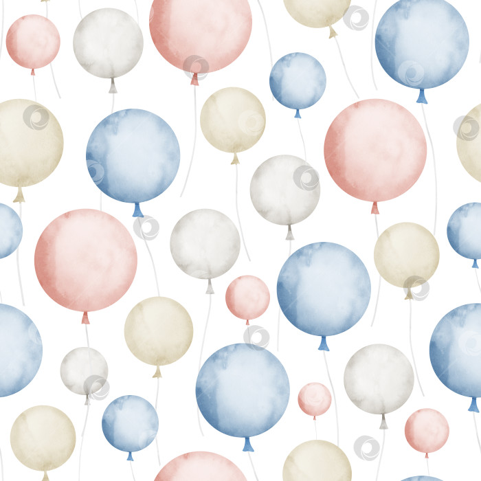 Скачать Акварельный бесшовный узор с круглыми воздушными шарами в розовых и голубых пастельных тонах. Нарисованная от руки иллюстрация для дизайна оберточной бумаги или текстиля. Фон для вечеринки по случаю дня рождения на изолированном фоне. фотосток Ozero