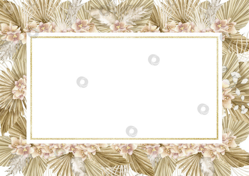 Скачать Акварельная горизонтальная прямоугольная рамка с засушенными пальмовыми листьями и цветами орхидеи в стиле бохо. Нарисованная от руки иллюстрация. Шаблон для поздравительных открыток или приглашений. Богемная кайма в пастельных тонах фотосток Ozero