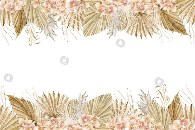 Скачать Цветочная рамка с засушенными пальмовыми листьями и цветами орхидеи в стиле бохо. Нарисованный от руки акварельный шаблон для поздравительных открыток или свадебных приглашений. Изолированный бесшовный узор в пастельных тонах фотосток Ozero