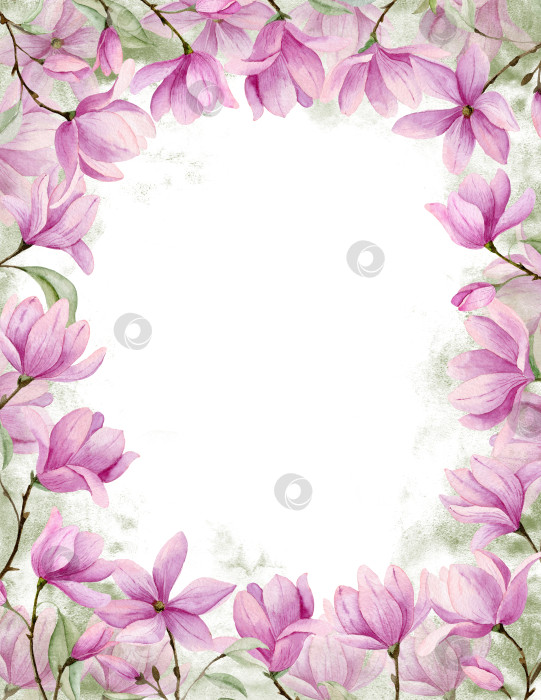 Скачать Акварельная рамка с розовыми ветками магнолии. Нарисованная от руки иллюстрация с цветами и листьями. Изолированный фон для свадебных приглашений или поздравительных открыток. Цветочный шаблон для любого дизайна фотосток Ozero