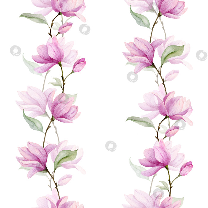 Скачать Розовые цветы магнолии. Акварельный бесшовный узор с цветущими ветвями и зелеными листьями на белом изолированном фоне. Нарисованная от руки иллюстрация для текстильного дизайна или оберточной бумаги фотосток Ozero