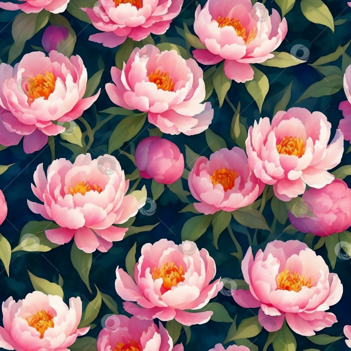 Скачать Акварельный цветочный бесшовный узор из розовых пионов и бутонов на бирюзовом фоне с зелеными листьями. Созданный искусственным интеллектом фотосток Ozero
