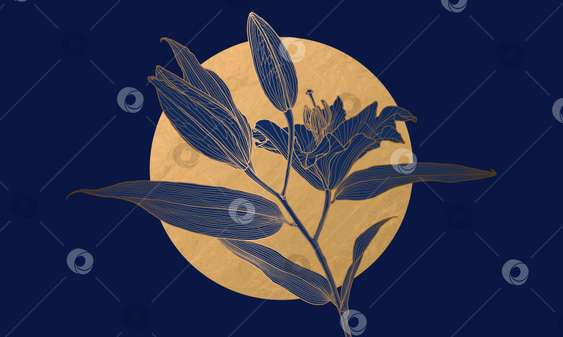 Скачать Роскошный золотой металлический цветок лилии в стиле ар-деко с линейным рисунком и луной на темно-синем фоне фотосток Ozero