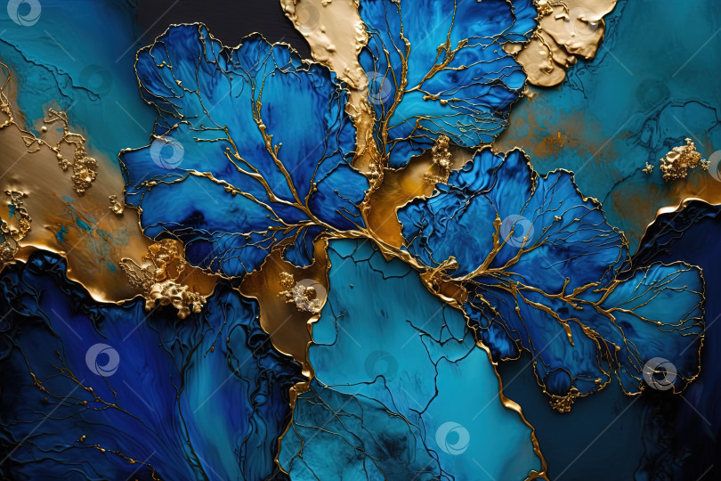 Скачать Абстрактное искусство мраморными чернилами на синем и золотом фоне. Созданный искусственным интеллектом фотосток Ozero