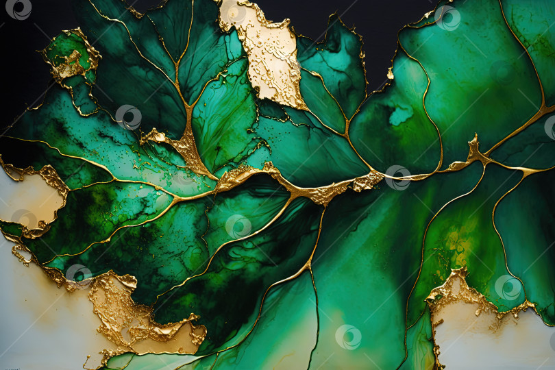 Скачать Абстрактный рисунок чернилами acohol на зеленом и золотом фоне. Созданный искусственный интеллект. фотосток Ozero