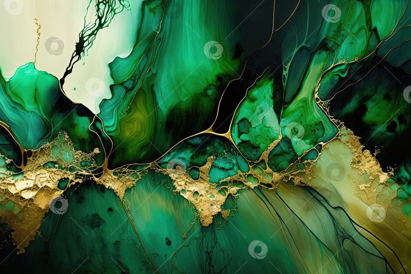 Скачать Абстрактный рисунок чернилами acohol на зеленом и золотом фоне. Созданный искусственный интеллект. фотосток Ozero