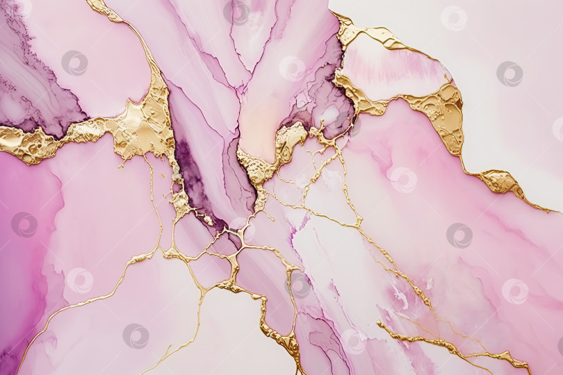 Скачать Абстрактный рисунок чернилами acohol на розовом и золотом фоне. Созданный искусственный интеллект. фотосток Ozero