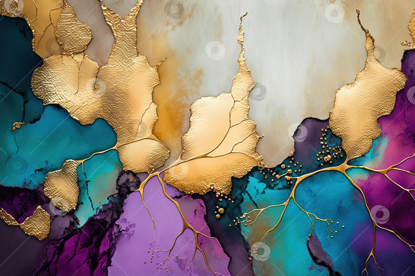 Скачать Абстрактное искусство мраморными чернилами на пастельно-красочном и золотом фоне. Созданный искусственным интеллектом фотосток Ozero
