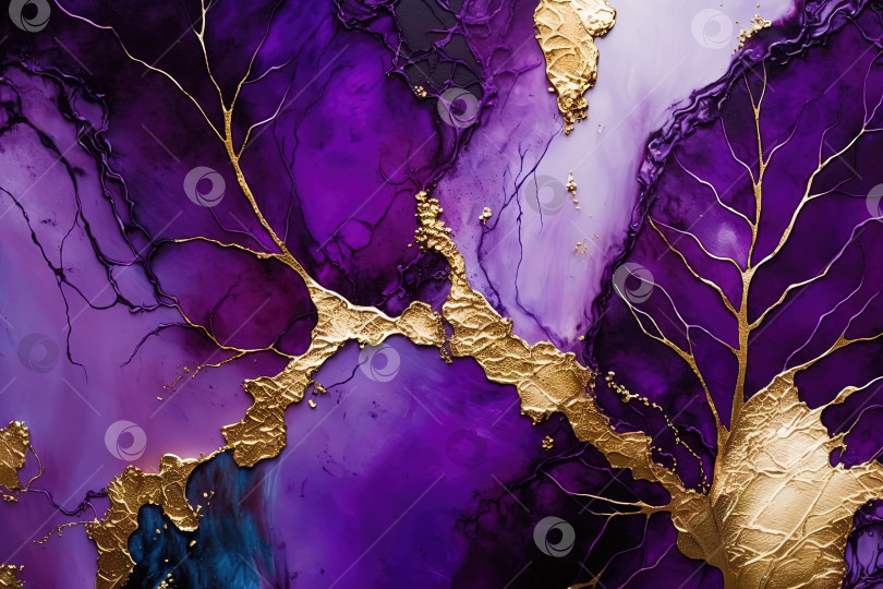 Скачать Абстрактный рисунок чернилами acohol на фиолетовом и золотом фоне. Созданный искусственный интеллект. фотосток Ozero