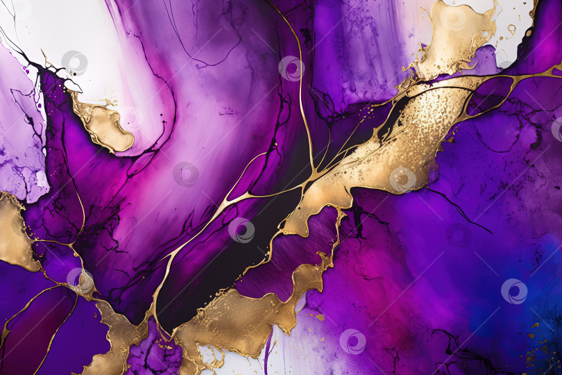 Скачать Абстрактный рисунок чернилами acohol на фиолетовом и золотом фоне. Роскошный фон. Созданный искусственный интеллект. фотосток Ozero